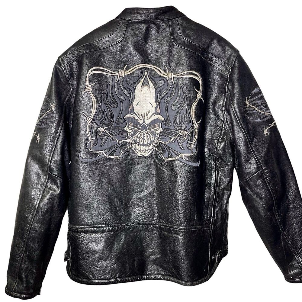 Xelement Heavy Vtg Leather Motorcycle Jacket Skull Embroidered Y2K Gothic Biker